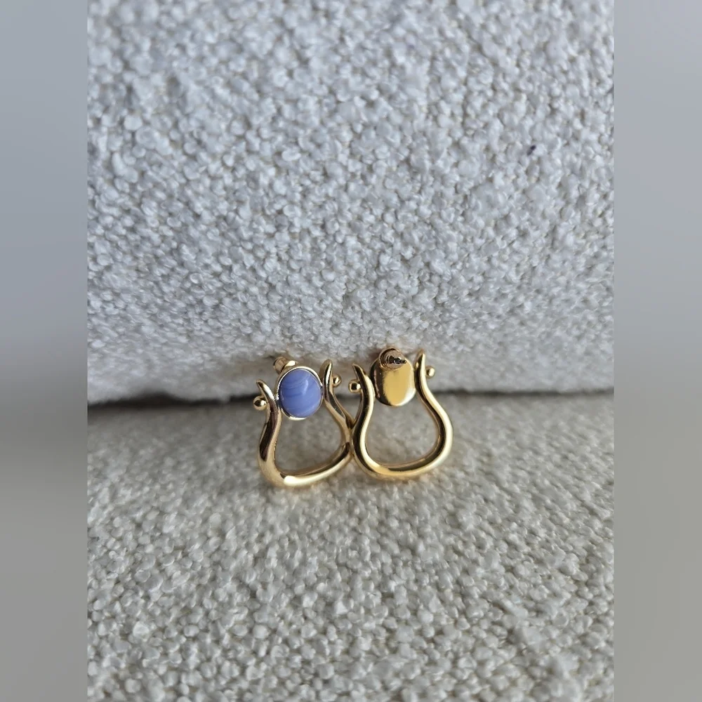 Anthropologie, Stone Horseshoe Earrings, Gold/Blue, MSRP $48